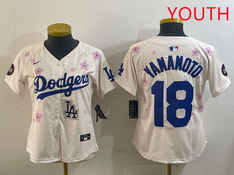 Youth Los Angeles Dodgers #18 Yamamoto Cream Sakura Edition 2025 Nike MLB Jersey style 17->youth mlb jersey->Youth Jersey